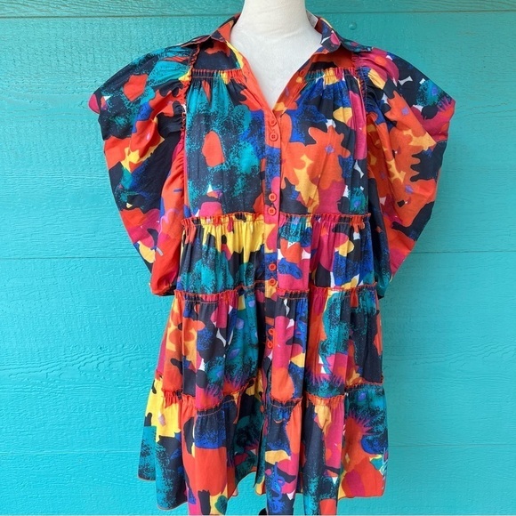 BABYDOLL EMPIRE WAIST FLORAL TIERED RUFFLE PUFF SLEEVES MINI DRESS SZ MEDIUM NWT - Picture 1 of 8